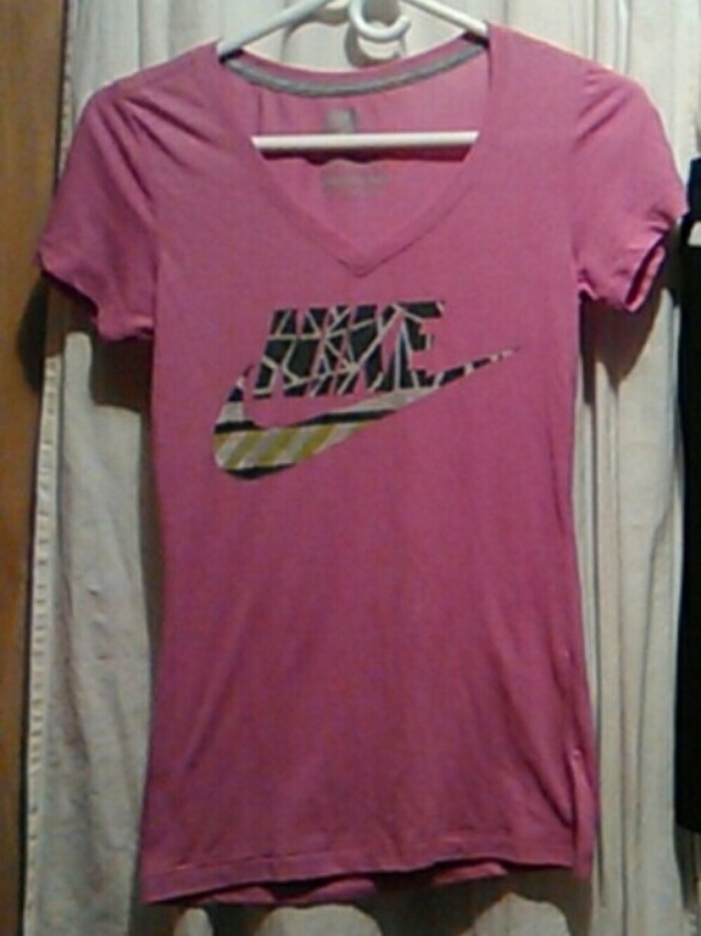 Nike Pink Short Sleeve V-Neck Tee with Patterned Swoosh